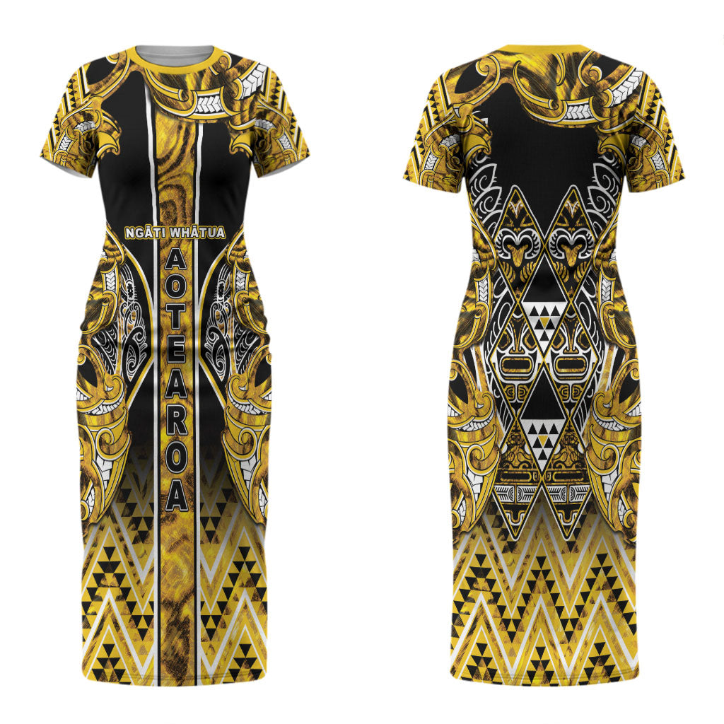 Aotearoa Ngati Whatua Couples Matching Short Sleeve Bodycon Dress and Hawaiian Shirt Maori Tribal Gold Paua Shell Pattern DT05 - Polynesian Pride