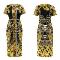 Aotearoa Ngati Whatua Couples Matching Short Sleeve Bodycon Dress and Hawaiian Shirt Maori Tribal Gold Paua Shell Pattern DT05 - Polynesian Pride