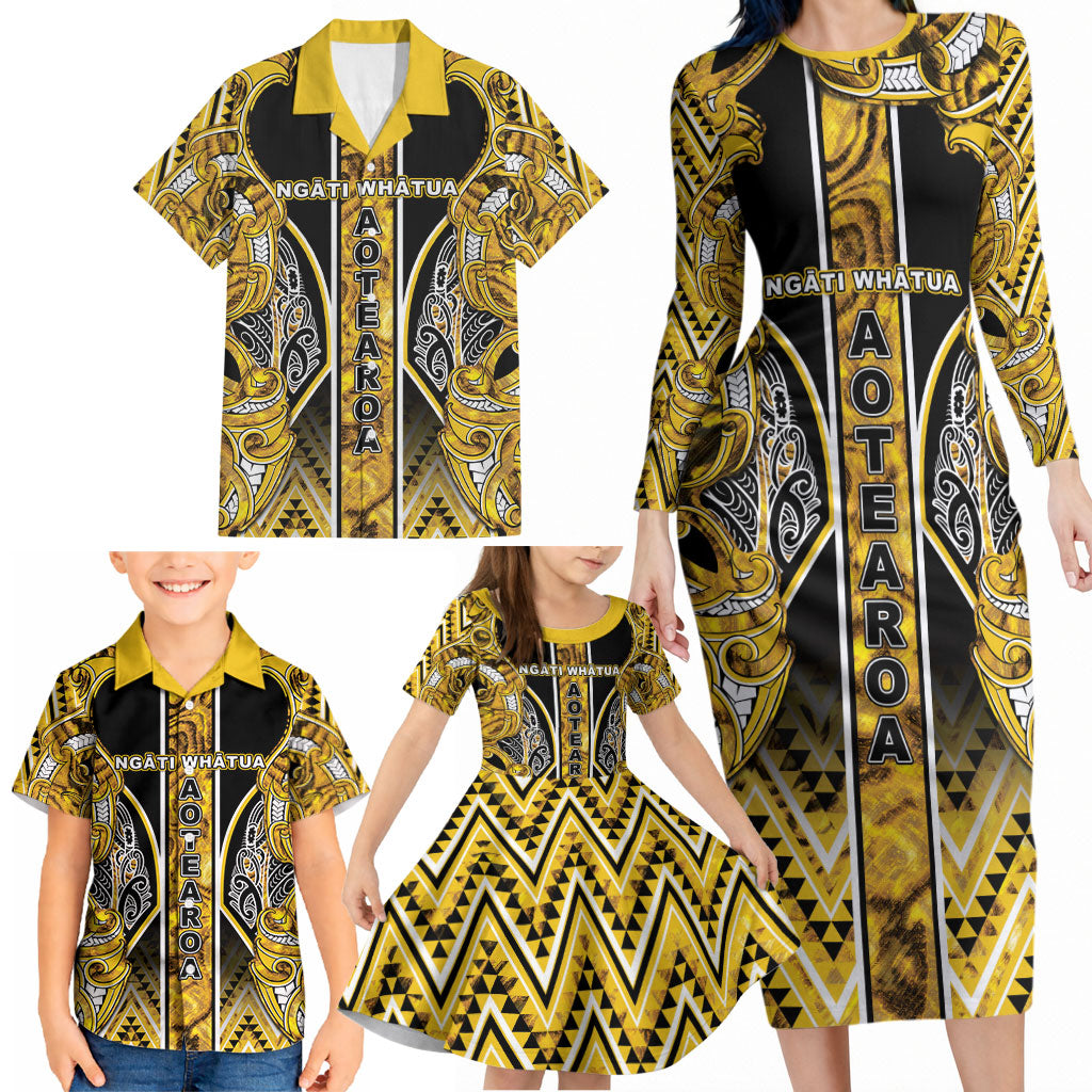Aotearoa Ngati Whatua Family Matching Long Sleeve Bodycon Dress and Hawaiian Shirt Maori Tribal Gold Paua Shell Pattern DT05 - Polynesian Pride