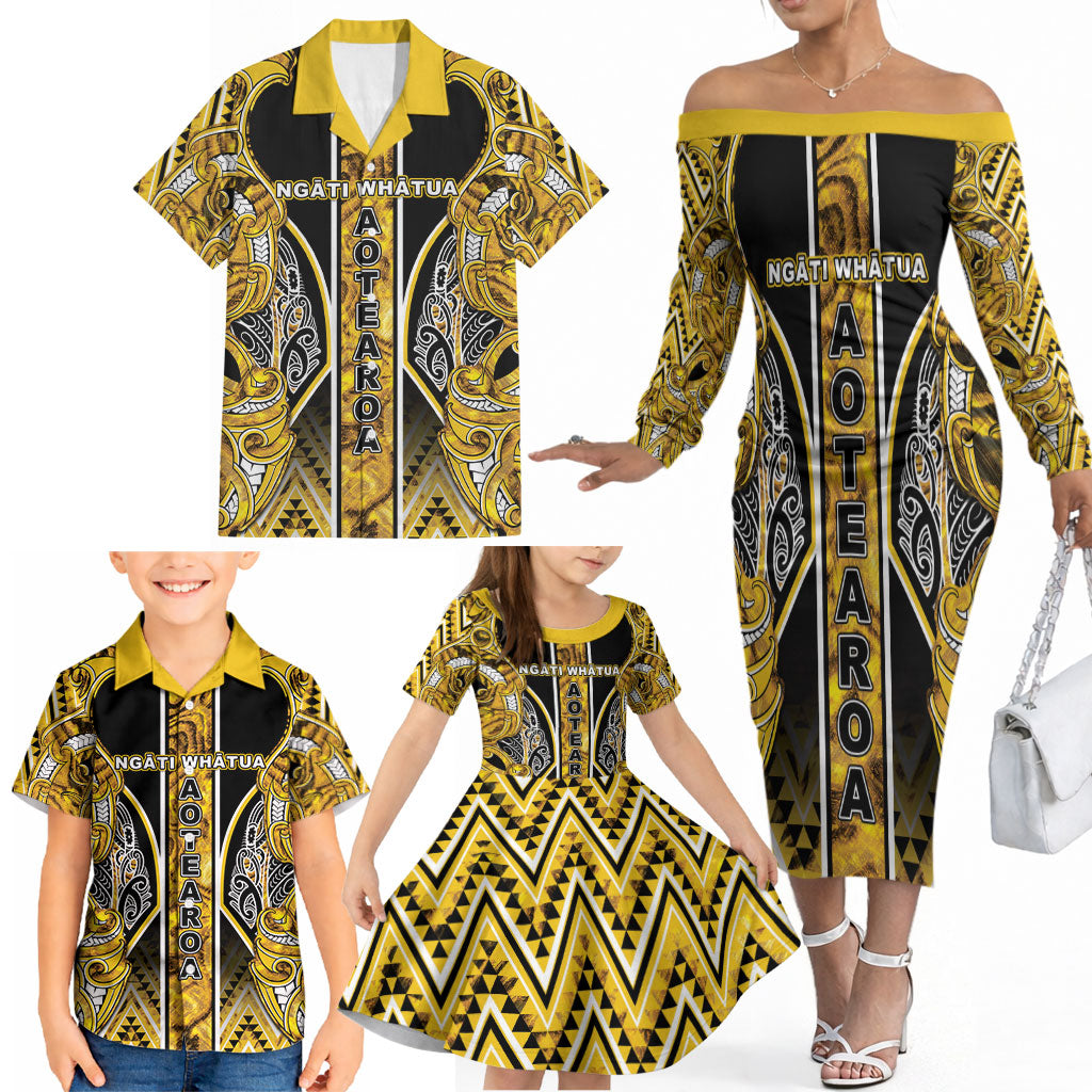 Aotearoa Ngati Whatua Family Matching Off The Shoulder Long Sleeve Dress and Hawaiian Shirt Maori Tribal Gold Paua Shell Pattern DT05 - Polynesian Pride