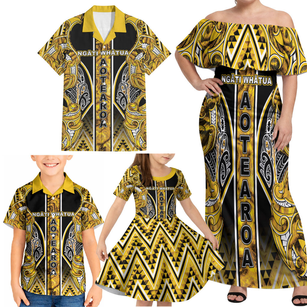 Aotearoa Ngati Whatua Family Matching Off Shoulder Maxi Dress and Hawaiian Shirt Maori Tribal Gold Paua Shell Pattern DT05 - Polynesian Pride