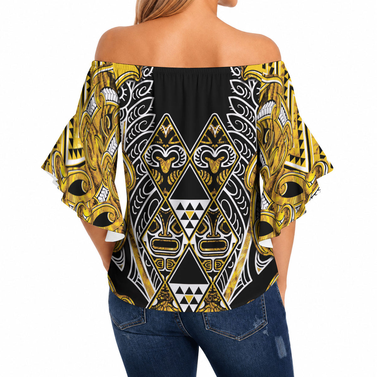 Aotearoa Ngati Whatua Off Shoulder Wrap Waist Top Maori Tribal Gold Paua Shell Pattern DT05 - Polynesian Pride