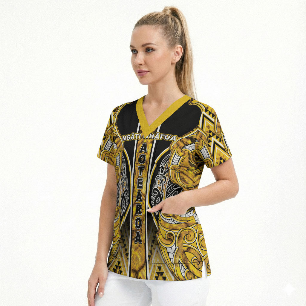 Aotearoa Ngati Whatua Scrub Top Maori Tribal Gold Paua Shell Pattern DT05 - Polynesian Pride