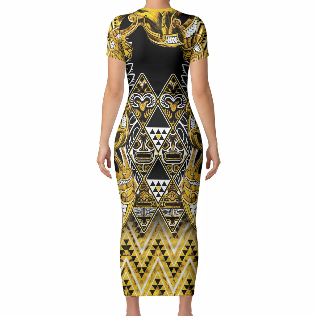 Aotearoa Ngati Whatua Short Sleeve Bodycon Dress Maori Tribal Gold Paua Shell Pattern DT05 - Polynesian Pride