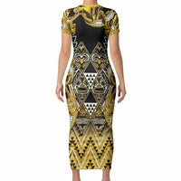 Aotearoa Ngati Whatua Short Sleeve Bodycon Dress Maori Tribal Gold Paua Shell Pattern DT05 - Polynesian Pride