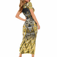 Aotearoa Ngati Whatua Short Sleeve Bodycon Dress Maori Tribal Gold Paua Shell Pattern DT05 - Polynesian Pride