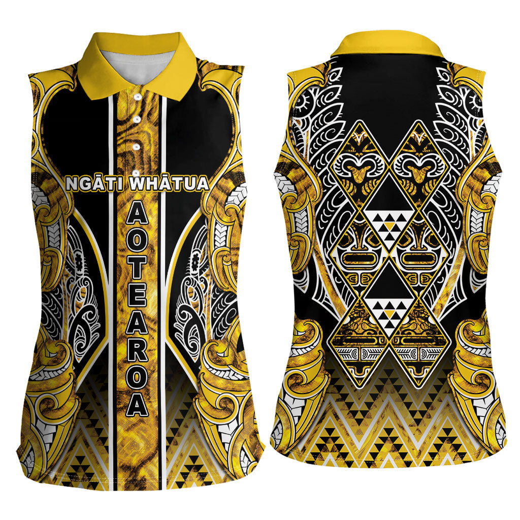 Aotearoa Ngati Whatua Women Sleeveless Polo Shirt Maori Tribal Gold Paua Shell Pattern DT05 - Polynesian Pride