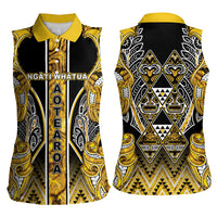 Aotearoa Ngati Whatua Women Sleeveless Polo Shirt Maori Tribal Gold Paua Shell Pattern DT05 - Polynesian Pride