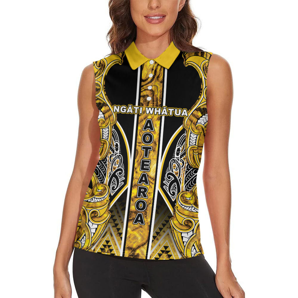 Aotearoa Ngati Whatua Women Sleeveless Polo Shirt Maori Tribal Gold Paua Shell Pattern DT05 - Polynesian Pride
