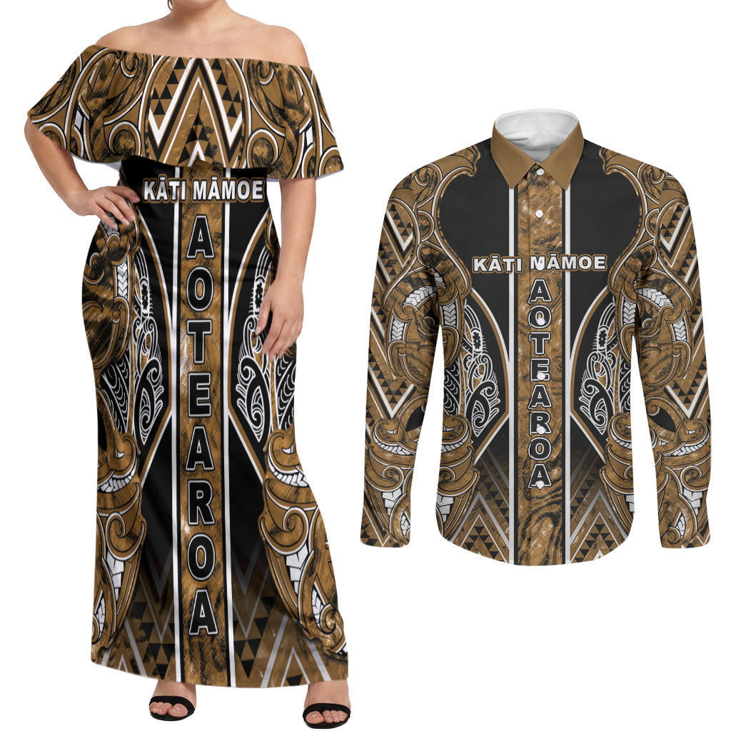 Aotearoa Kati Mamoe Couples Matching Off Shoulder Maxi Dress and Long Sleeve Button Shirt Maori Brown Tribal Paua Shell Pattern DT05 Brown - Polynesian Pride
