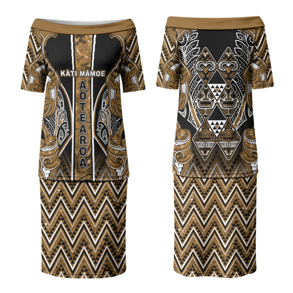 Aotearoa Kati Mamoe Couples Matching Puletasi and Hawaiian Shirt Maori Brown Tribal Paua Shell Pattern DT05 - Polynesian Pride