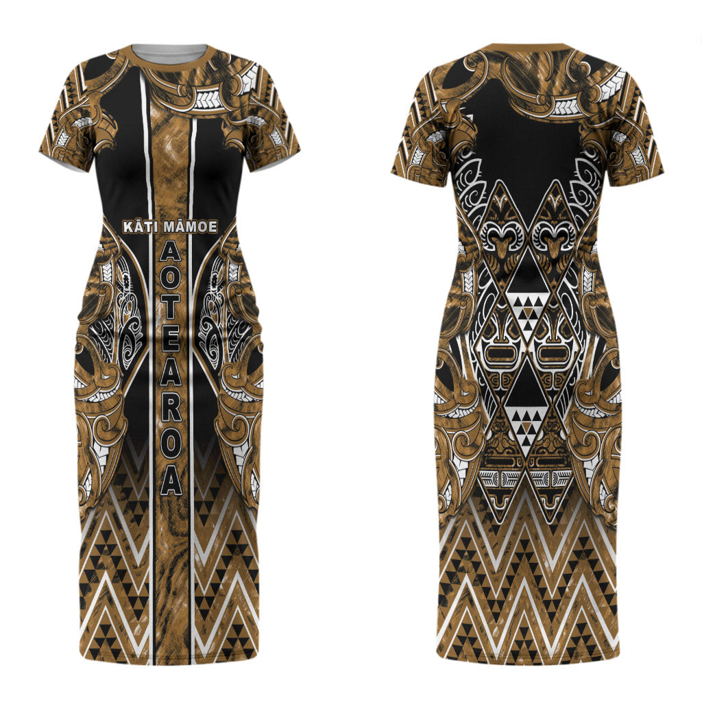 Aotearoa Kati Mamoe Couples Matching Short Sleeve Bodycon Dress and Long Sleeve Button Shirt Maori Brown Tribal Paua Shell Pattern DT05 - Polynesian Pride