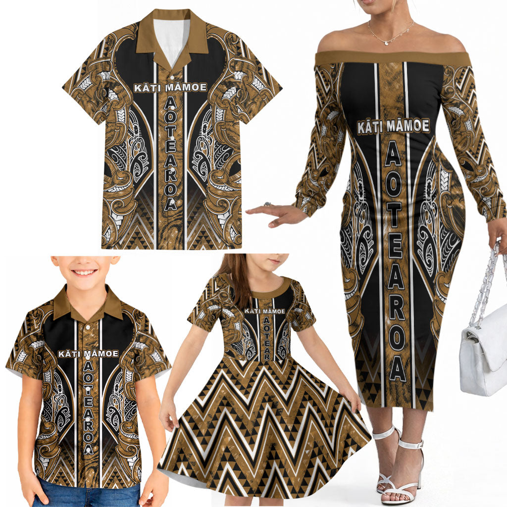 Aotearoa Kati Mamoe Family Matching Off The Shoulder Long Sleeve Dress and Hawaiian Shirt Maori Brown Tribal Paua Shell Pattern DT05 - Polynesian Pride