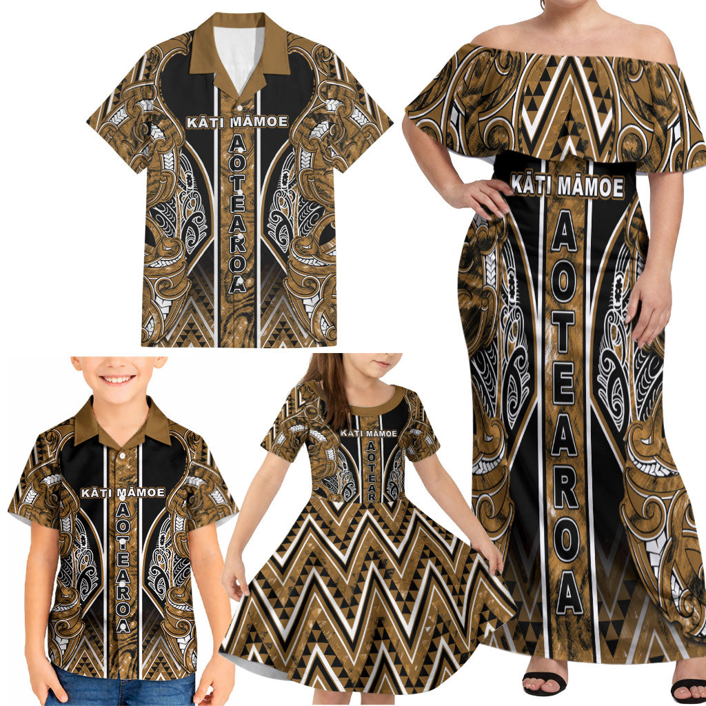 Aotearoa Kati Mamoe Family Matching Off Shoulder Maxi Dress and Hawaiian Shirt Maori Brown Tribal Paua Shell Pattern DT05 - Polynesian Pride