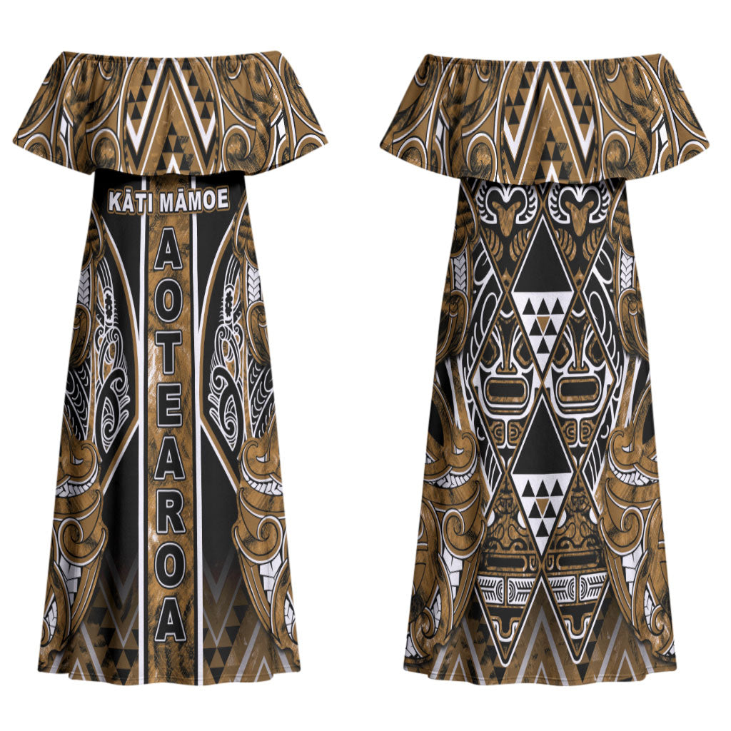 Aotearoa Kati Mamoe Family Matching Off Shoulder Maxi Dress and Hawaiian Shirt Maori Brown Tribal Paua Shell Pattern DT05 Mom's Dress Brown - Polynesian Pride