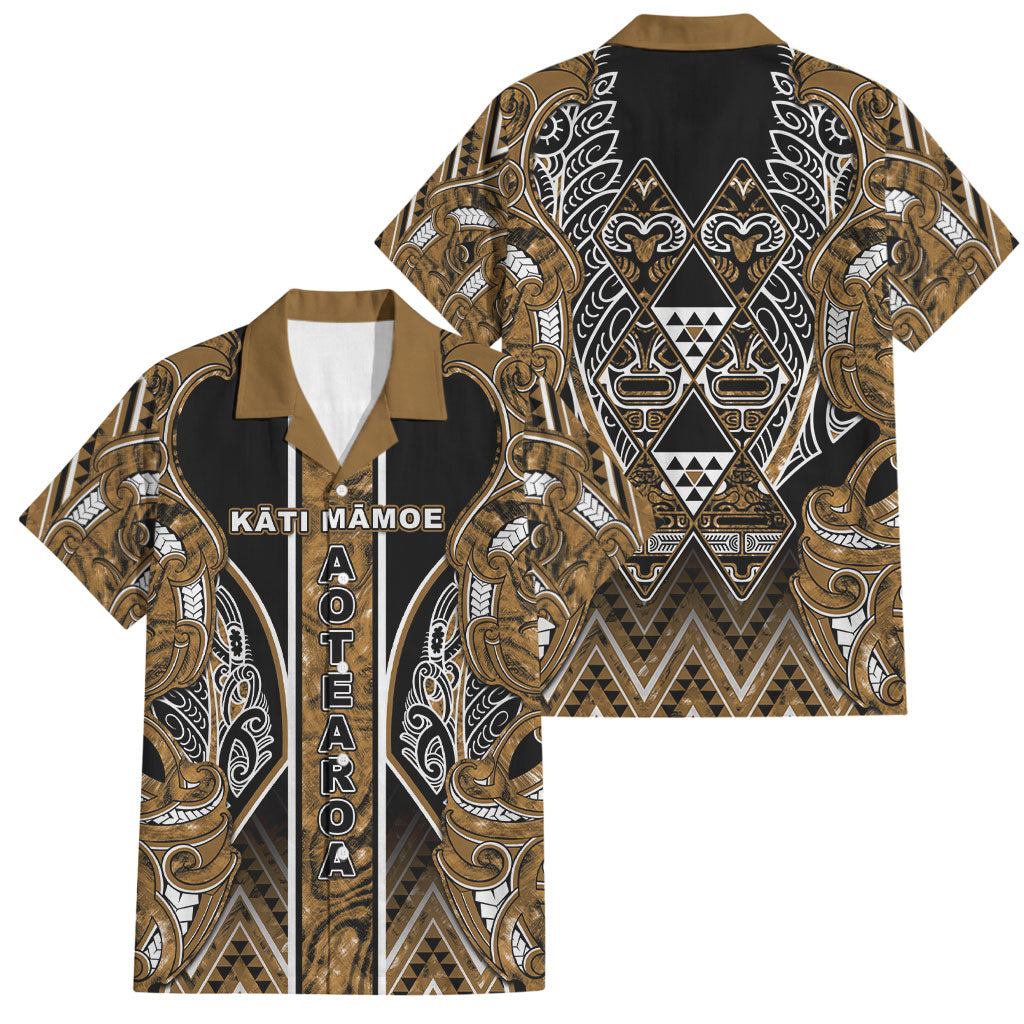 Aotearoa Kati Mamoe Family Matching Off Shoulder Short Dress and Hawaiian Shirt Maori Brown Tribal Paua Shell Pattern DT05 Dad's Shirt - Short Sleeve Brown - Polynesian Pride