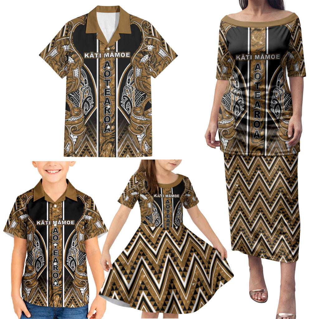 Aotearoa Kati Mamoe Family Matching Puletasi and Hawaiian Shirt Maori Brown Tribal Paua Shell Pattern DT05 - Polynesian Pride