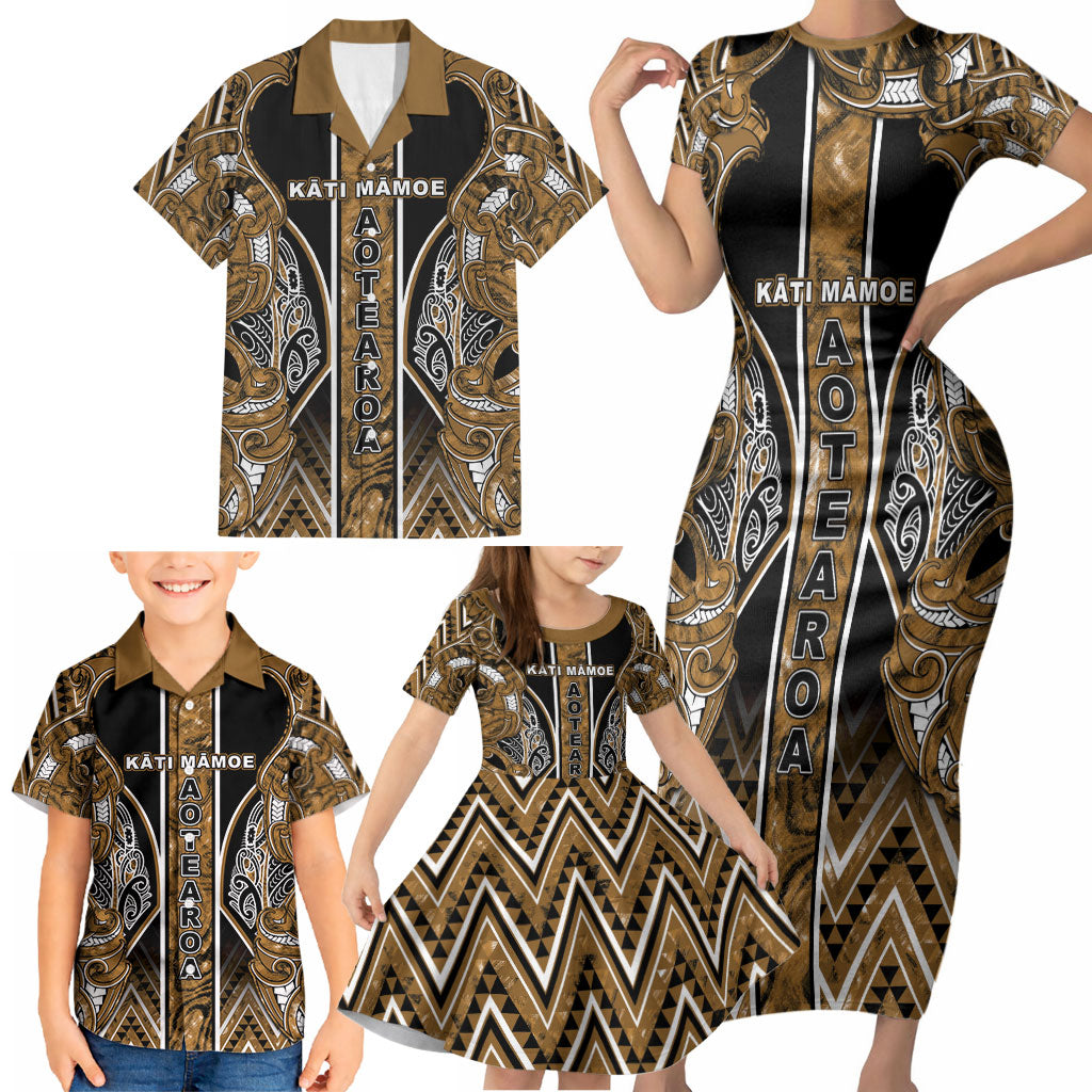 Aotearoa Kati Mamoe Family Matching Short Sleeve Bodycon Dress and Hawaiian Shirt Maori Brown Tribal Paua Shell Pattern DT05 - Polynesian Pride