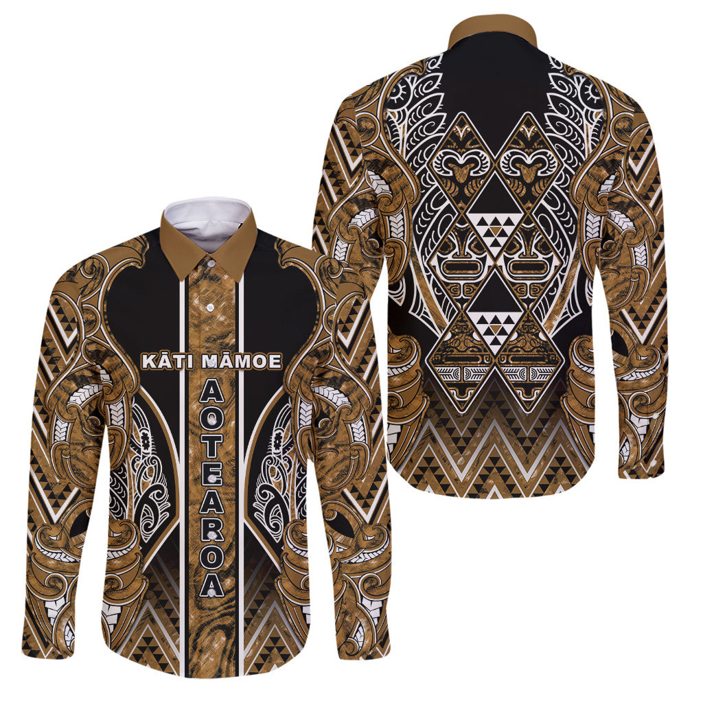 Aotearoa Kati Mamoe Family Matching Summer Maxi Dress and Hawaiian Shirt Maori Brown Tribal Paua Shell Pattern DT05 Dad's Shirt - Long Sleeve Brown - Polynesian Pride