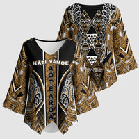 Aotearoa Kati Mamoe Kimono Sleeve Blouse Maori Brown Tribal Paua Shell Pattern DT05 - Polynesian Pride