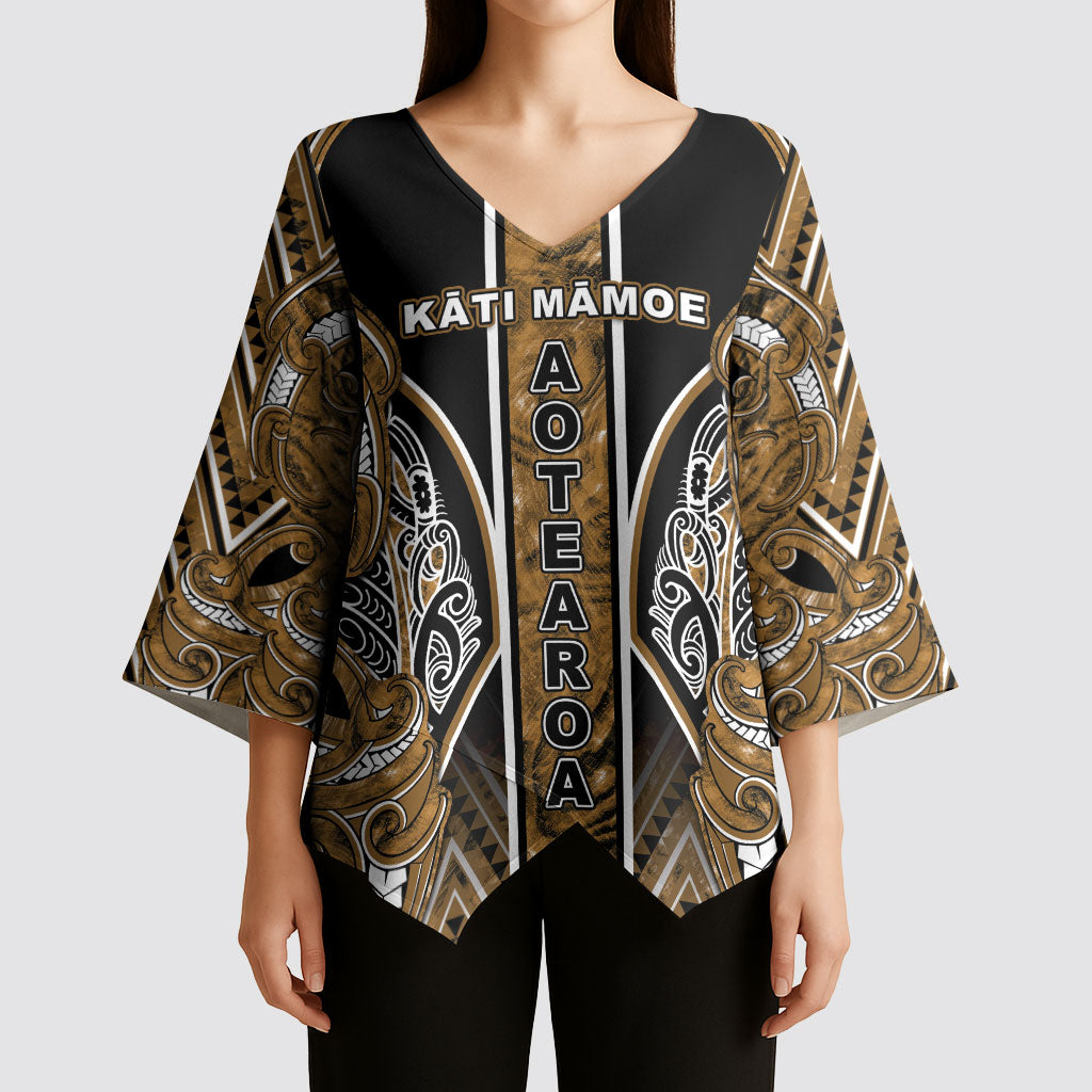 Aotearoa Kati Mamoe Kimono Sleeve Blouse Maori Brown Tribal Paua Shell Pattern DT05 - Polynesian Pride