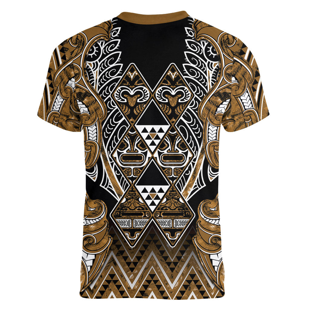 Aotearoa Kati Mamoe Women V-Neck T-Shirt Maori Brown Tribal Paua Shell Pattern DT05 - Polynesian Pride