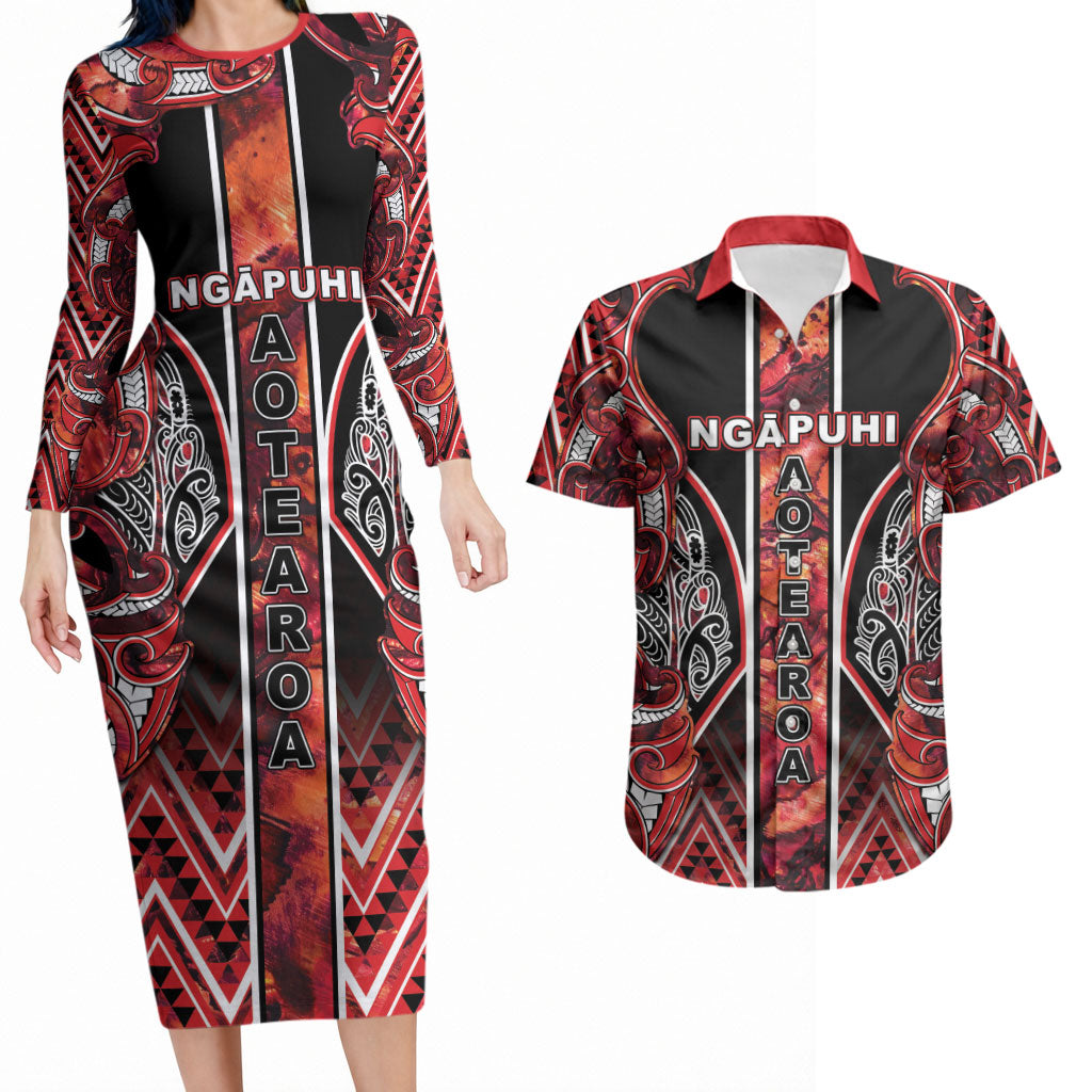 Aotearoa Ngapuhi Couples Matching Long Sleeve Bodycon Dress and Hawaiian Shirt Maori Red Tribal Paua Shell Pattern DT05 Red - Polynesian Pride