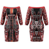 Aotearoa Ngapuhi Couples Matching Off The Shoulder Long Sleeve Dress and Hawaiian Shirt Maori Red Tribal Paua Shell Pattern DT05 - Polynesian Pride