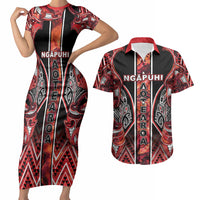 Aotearoa Ngapuhi Couples Matching Short Sleeve Bodycon Dress and Hawaiian Shirt Maori Red Tribal Paua Shell Pattern DT05 Red - Polynesian Pride