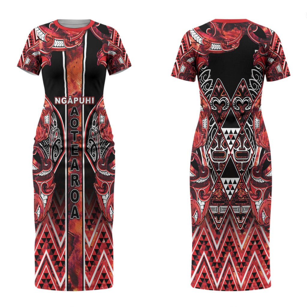 Aotearoa Ngapuhi Couples Matching Short Sleeve Bodycon Dress and Hawaiian Shirt Maori Red Tribal Paua Shell Pattern DT05 - Polynesian Pride