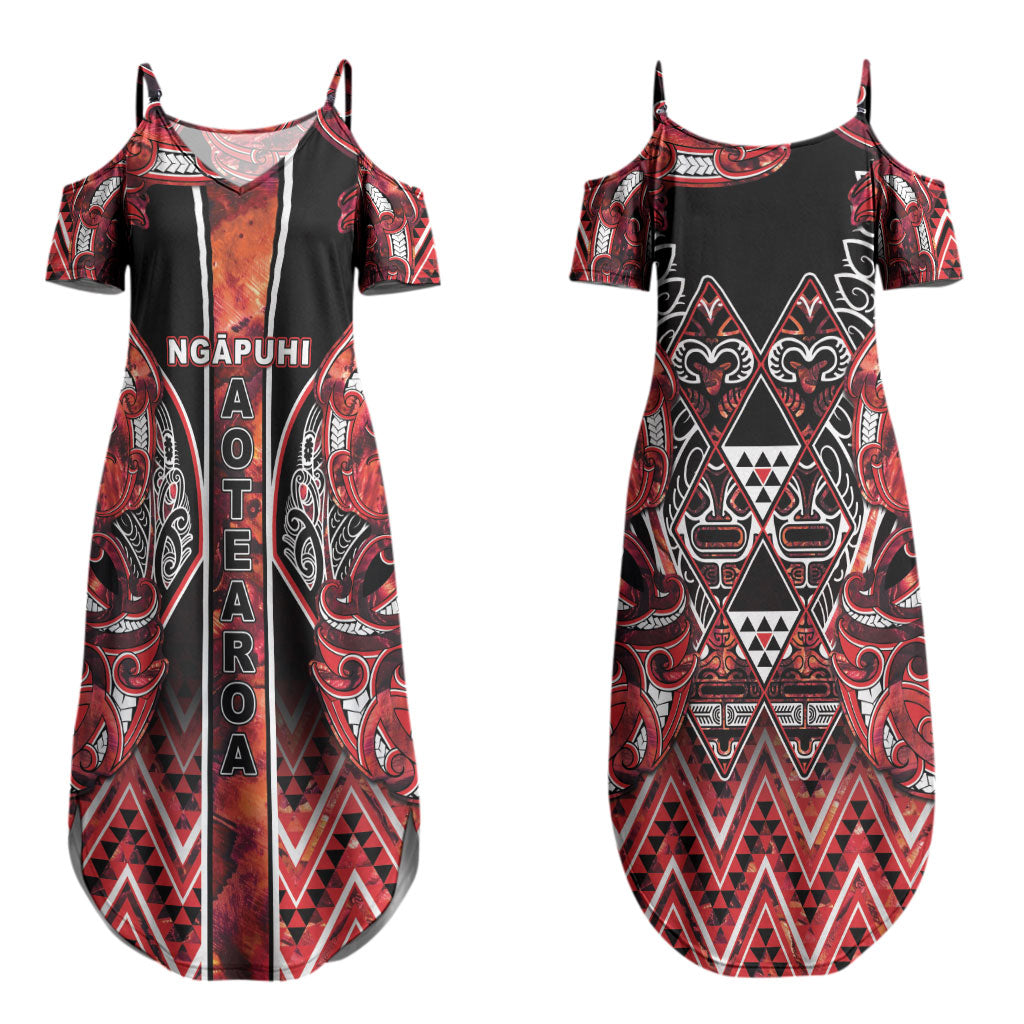 Aotearoa Ngapuhi Couples Matching Summer Maxi Dress and Hawaiian Shirt Maori Red Tribal Paua Shell Pattern DT05 - Polynesian Pride