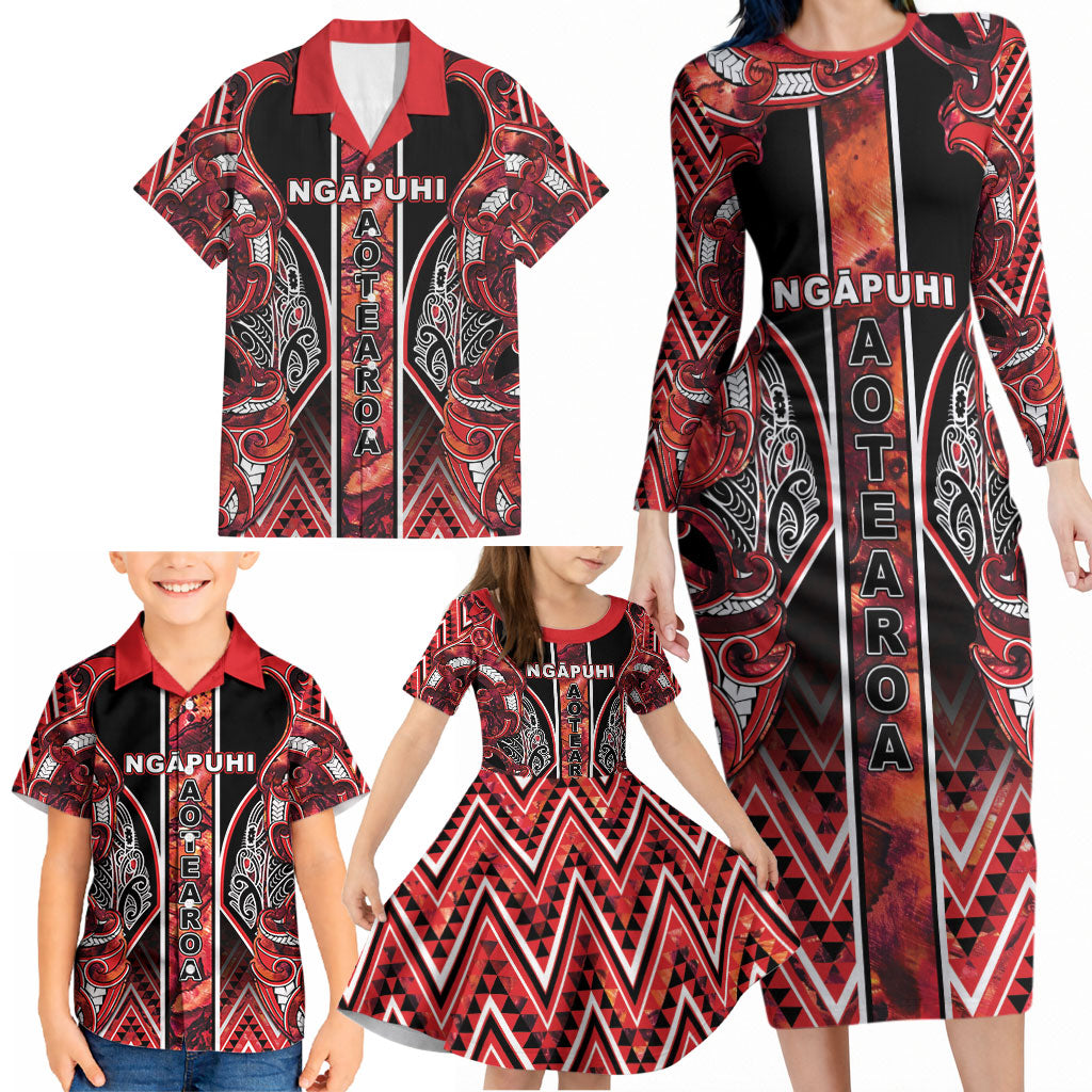 Aotearoa Ngapuhi Family Matching Long Sleeve Bodycon Dress and Hawaiian Shirt Maori Red Tribal Paua Shell Pattern DT05 - Polynesian Pride