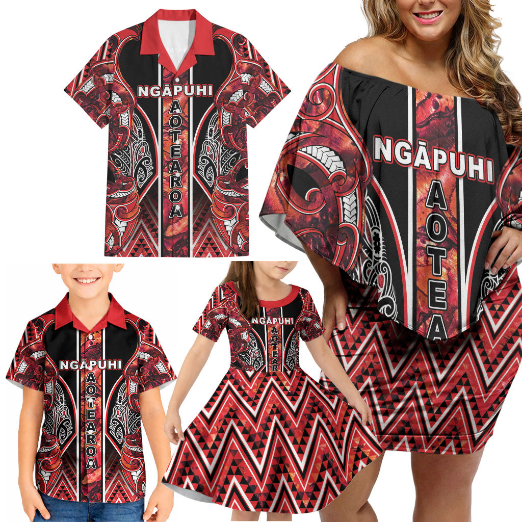 Aotearoa Ngapuhi Family Matching Off Shoulder Short Dress and Hawaiian Shirt Maori Red Tribal Paua Shell Pattern DT05 - Polynesian Pride