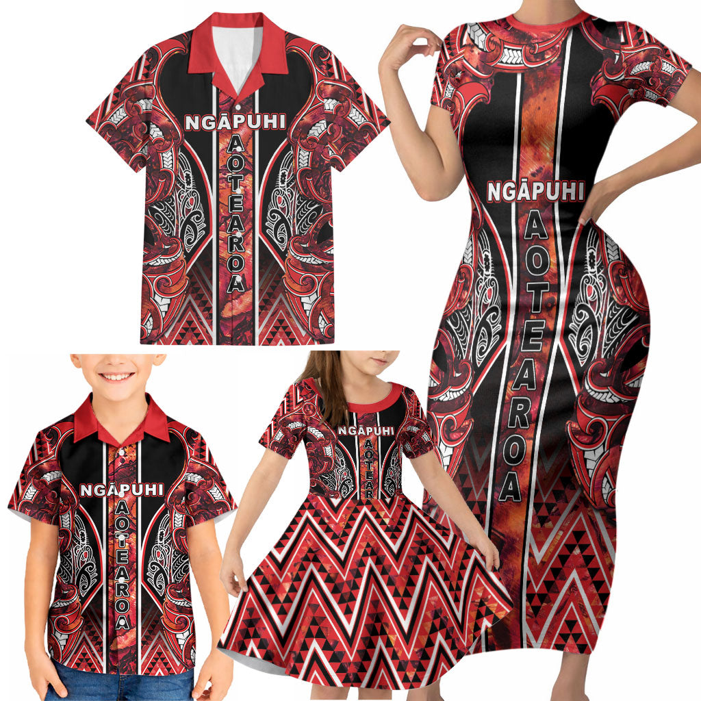 Aotearoa Ngapuhi Family Matching Short Sleeve Bodycon Dress and Hawaiian Shirt Maori Red Tribal Paua Shell Pattern DT05 - Polynesian Pride