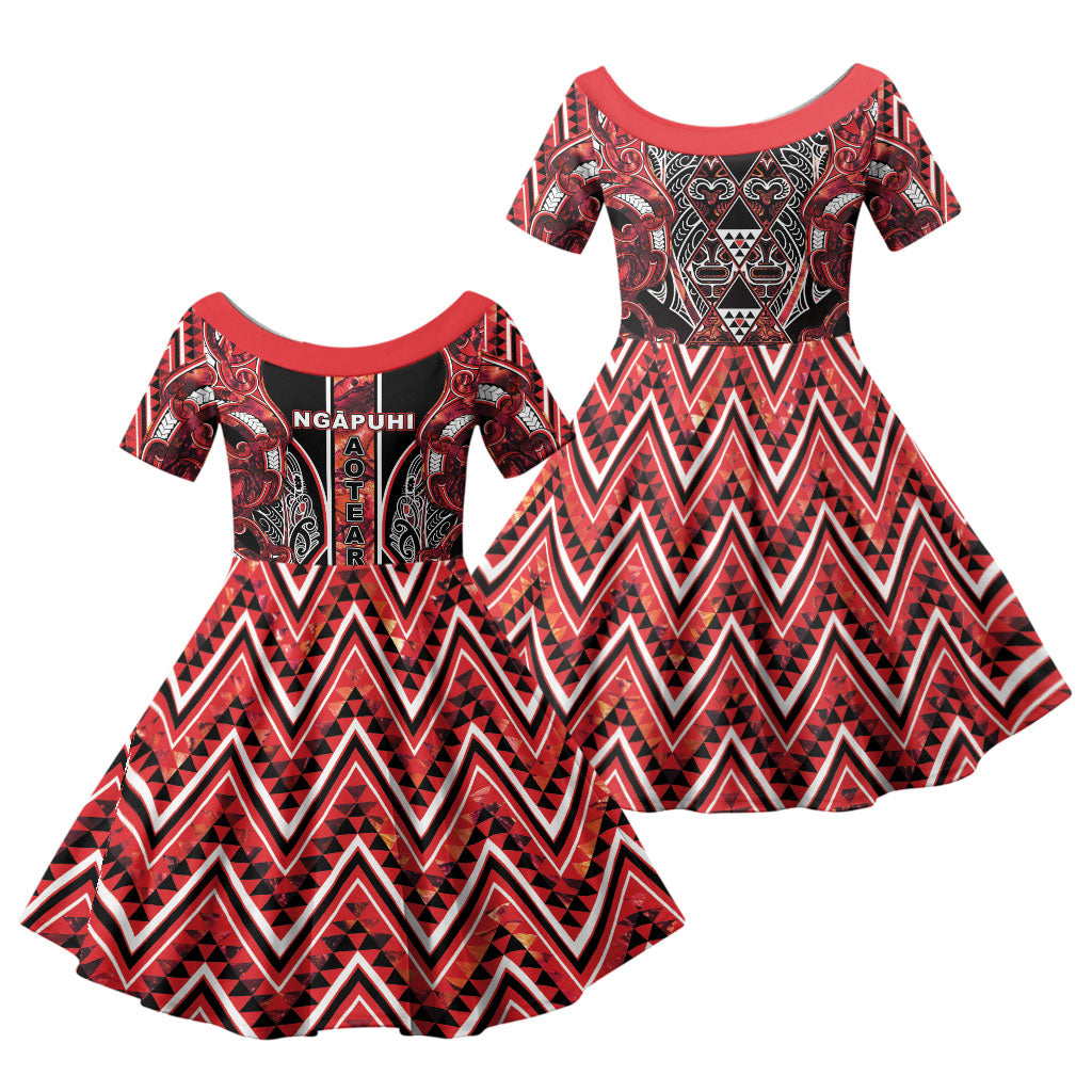 Aotearoa Ngapuhi Family Matching Summer Maxi Dress and Hawaiian Shirt Maori Red Tribal Paua Shell Pattern DT05 Daughter's Dress Red - Polynesian Pride