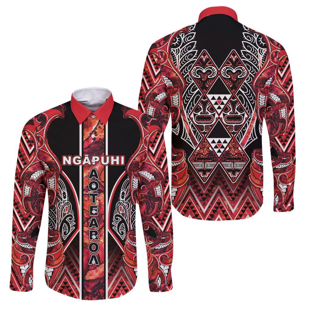 Aotearoa Ngapuhi Family Matching Tank Maxi Dress and Hawaiian Shirt Maori Red Tribal Paua Shell Pattern DT05 Dad's Shirt - Long Sleeve Red - Polynesian Pride