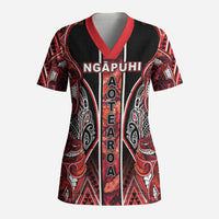Aotearoa Ngapuhi Scrub Top Maori Red Tribal Paua Shell Pattern DT05 Adult Red - Polynesian Pride