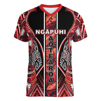 Aotearoa Ngapuhi Women V-Neck T-Shirt Maori Red Tribal Paua Shell Pattern DT05 Female Red - Polynesian Pride