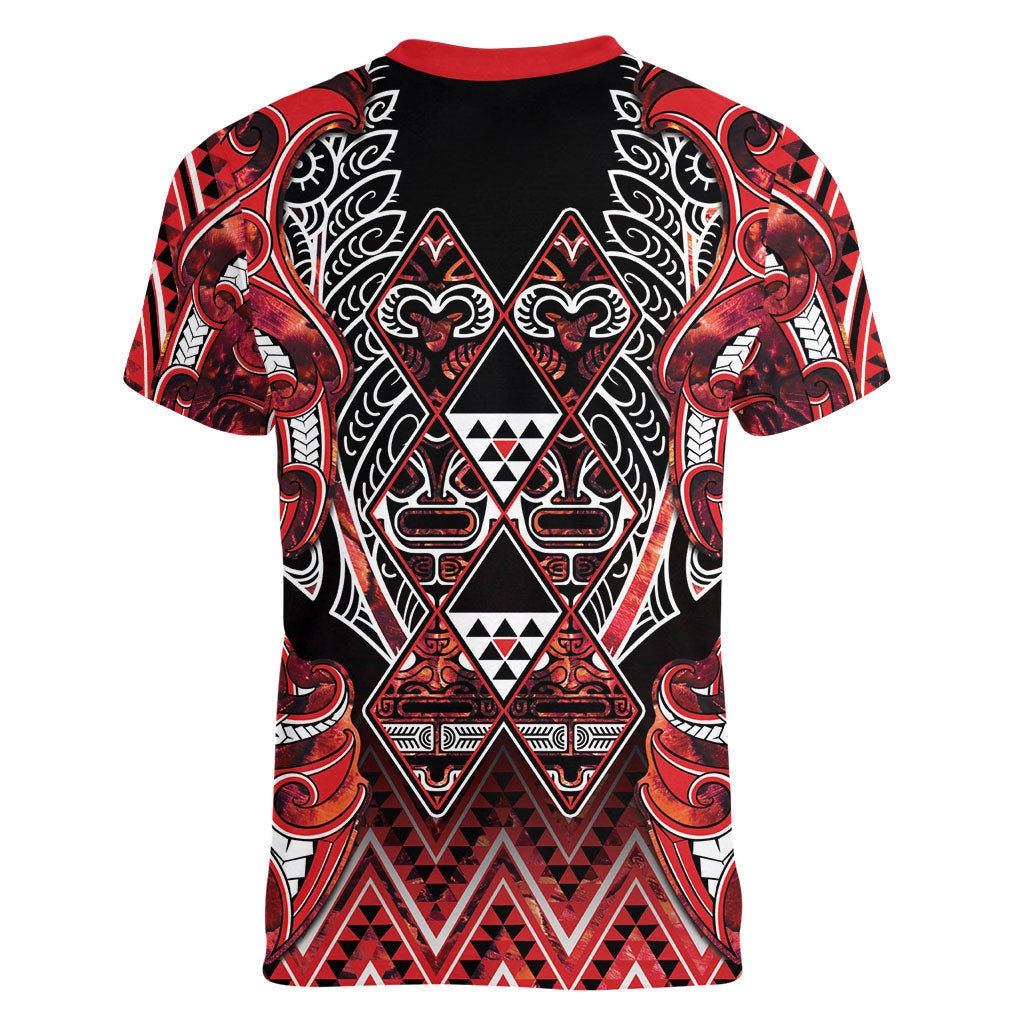 Aotearoa Ngapuhi Women V-Neck T-Shirt Maori Red Tribal Paua Shell Pattern DT05 - Polynesian Pride