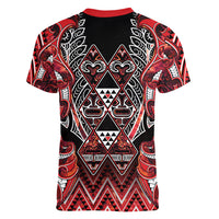 Aotearoa Ngapuhi Women V-Neck T-Shirt Maori Red Tribal Paua Shell Pattern DT05 - Polynesian Pride