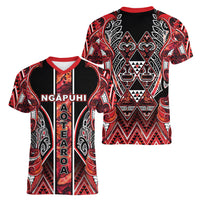 Aotearoa Ngapuhi Women V-Neck T-Shirt Maori Red Tribal Paua Shell Pattern DT05 - Polynesian Pride
