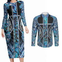 Aotearoa Ngati Porou Couples Matching Long Sleeve Bodycon Dress and Long Sleeve Button Shirt Maori Light Blue Tribal Paua Shell Pattern DT05 Blue - Polynesian Pride