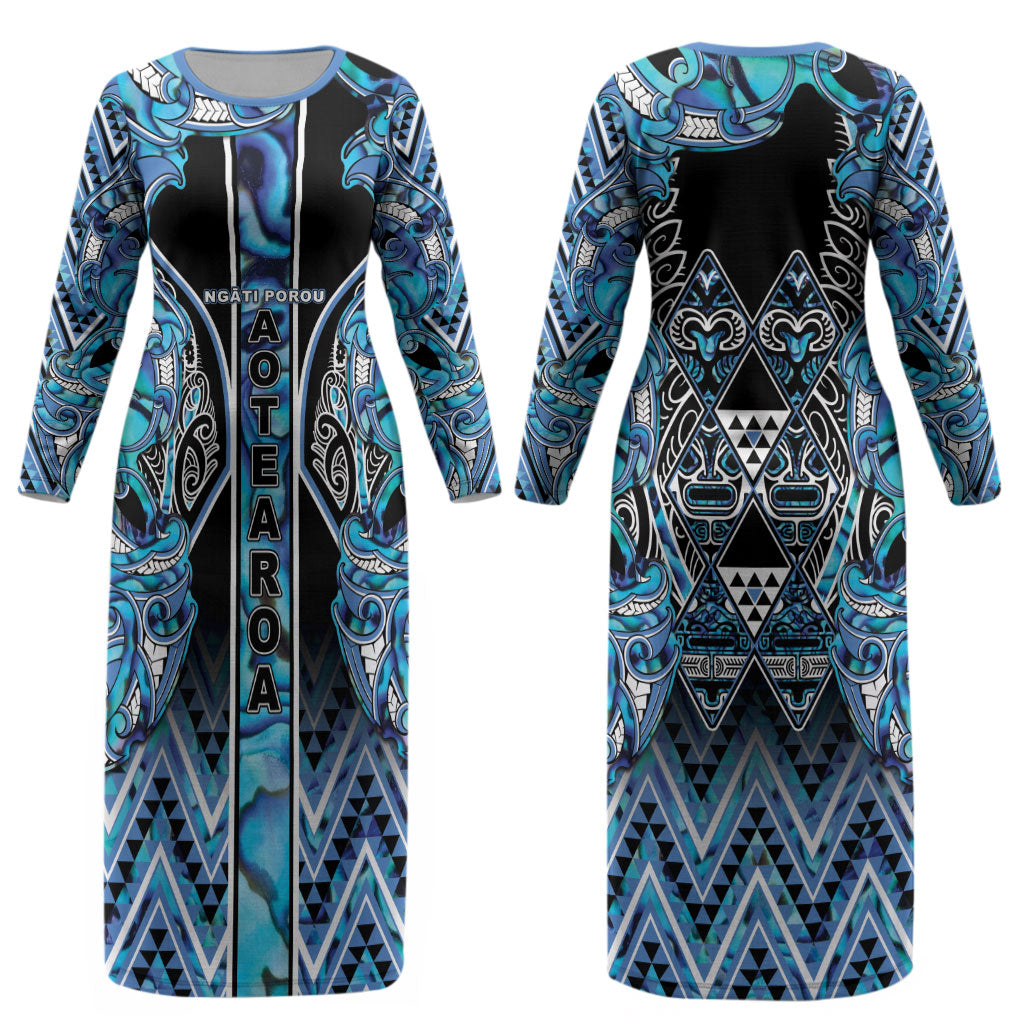 Aotearoa Ngati Porou Couples Matching Long Sleeve Bodycon Dress and Long Sleeve Button Shirt Maori Light Blue Tribal Paua Shell Pattern DT05 - Polynesian Pride