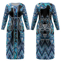 Aotearoa Ngati Porou Couples Matching Long Sleeve Bodycon Dress and Long Sleeve Button Shirt Maori Light Blue Tribal Paua Shell Pattern DT05 - Polynesian Pride
