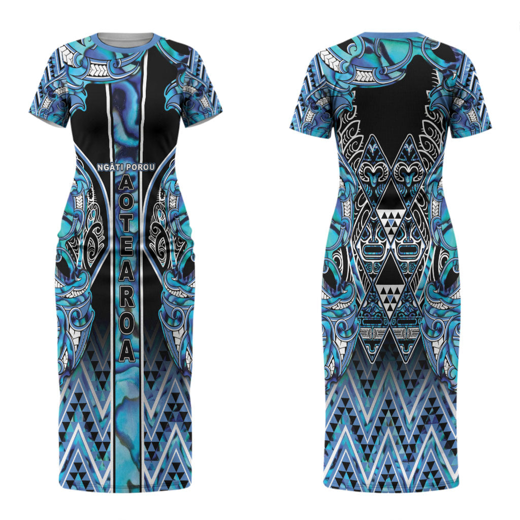 Aotearoa Ngati Porou Couples Matching Short Sleeve Bodycon Dress and Hawaiian Shirt Maori Light Blue Tribal Paua Shell Pattern DT05 - Polynesian Pride