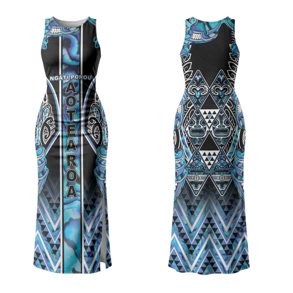 Aotearoa Ngati Porou Couples Matching Tank Maxi Dress and Hawaiian Shirt Maori Light Blue Tribal Paua Shell Pattern DT05 - Polynesian Pride