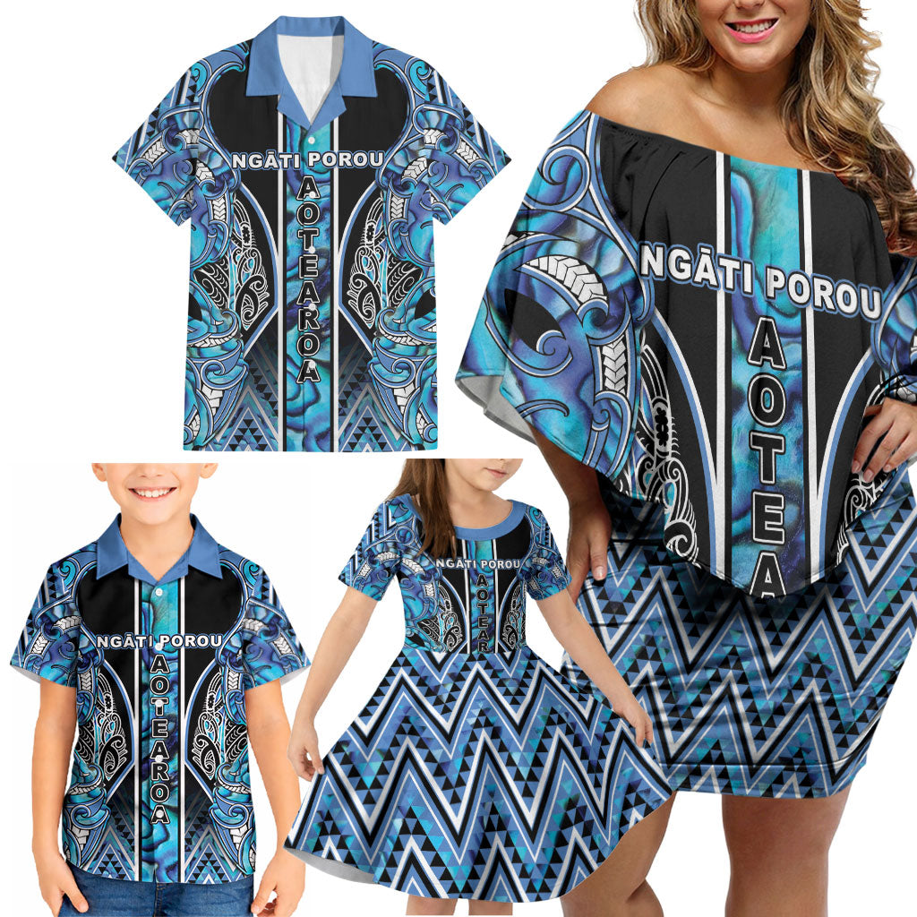 Aotearoa Ngati Porou Family Matching Off Shoulder Short Dress and Hawaiian Shirt Maori Light Blue Tribal Paua Shell Pattern DT05 - Polynesian Pride