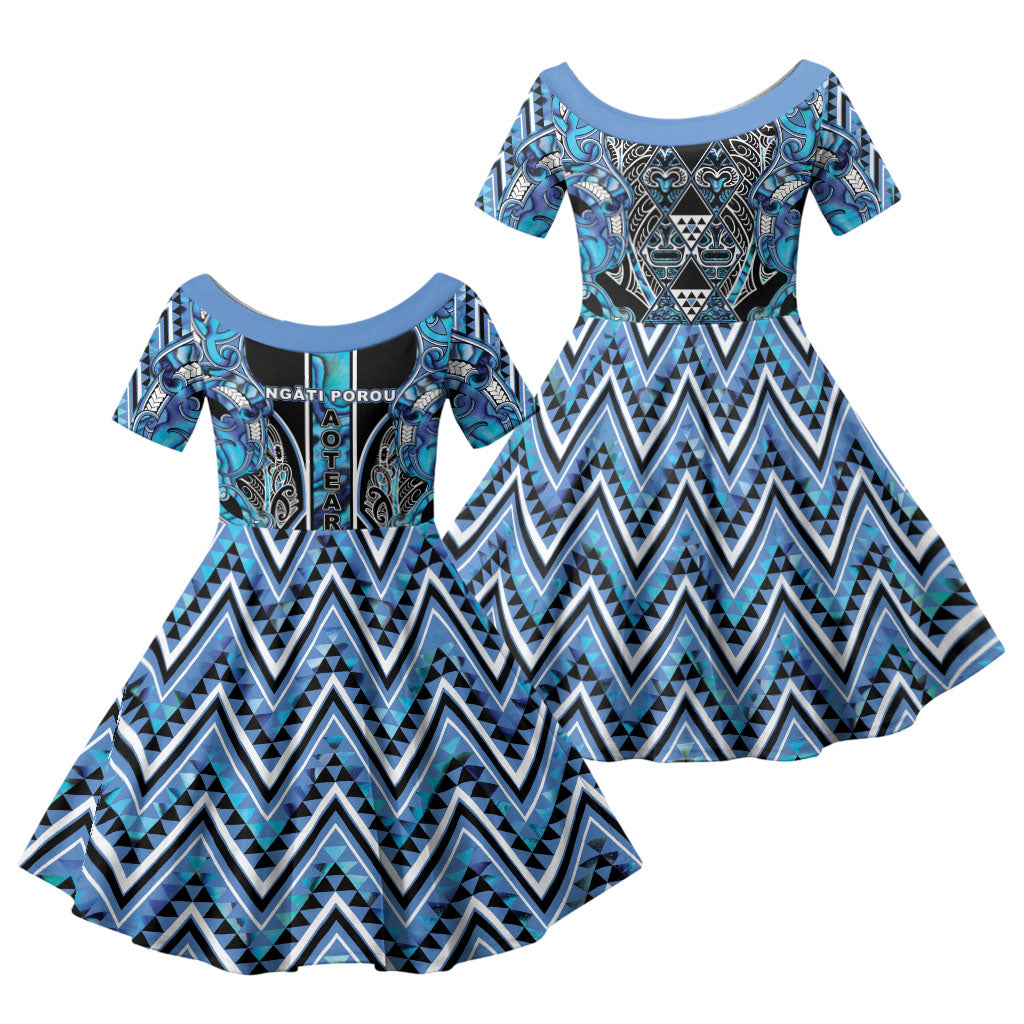 Aotearoa Ngati Porou Family Matching Puletasi and Hawaiian Shirt Maori Light Blue Tribal Paua Shell Pattern DT05 Daughter's Dress Blue - Polynesian Pride