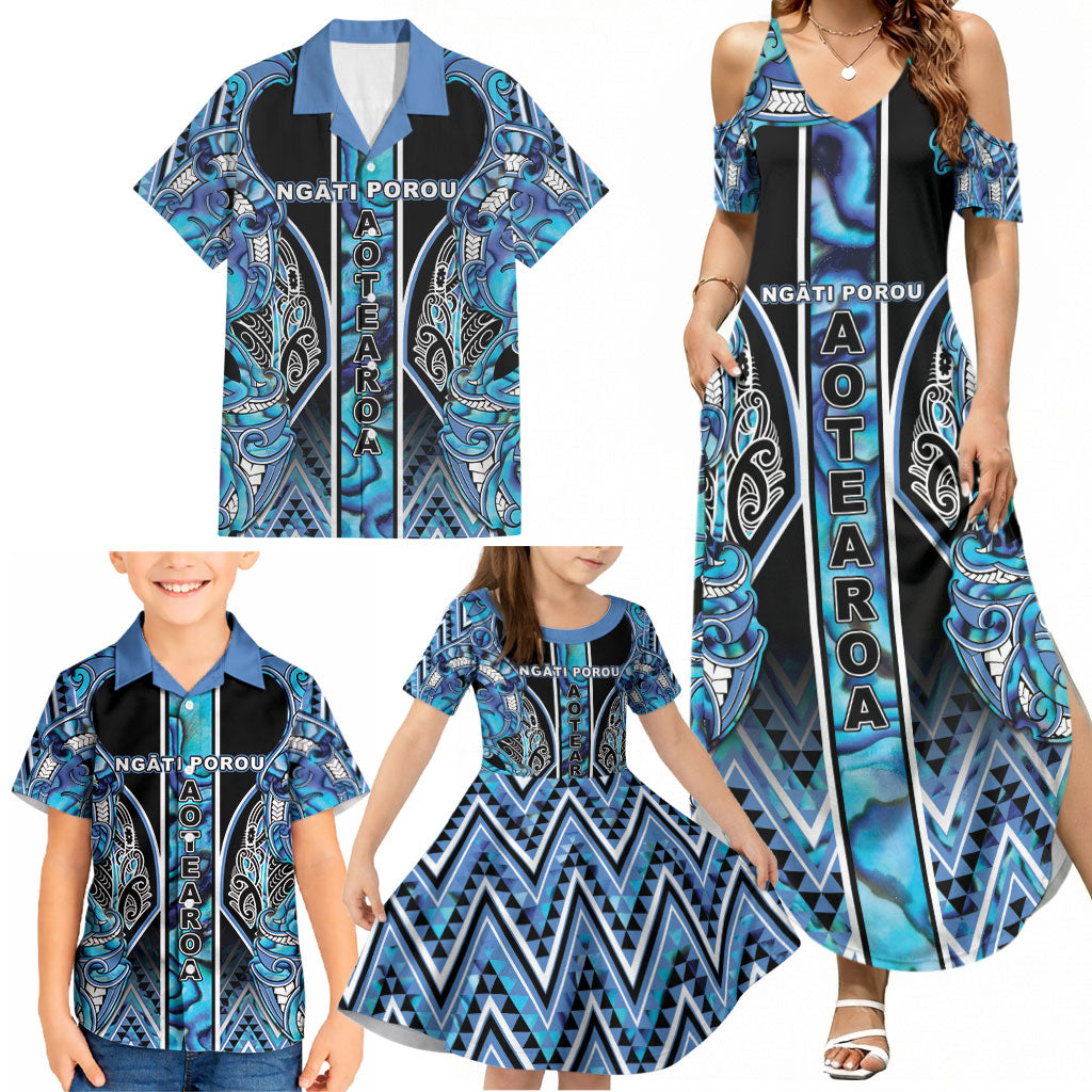 Aotearoa Ngati Porou Family Matching Summer Maxi Dress and Hawaiian Shirt Maori Light Blue Tribal Paua Shell Pattern DT05 - Polynesian Pride