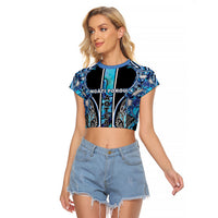 Aotearoa Ngati Porou Raglan Cropped T Shirt Maori Light Blue Tribal Paua Shell Pattern DT05 Female Blue - Polynesian Pride